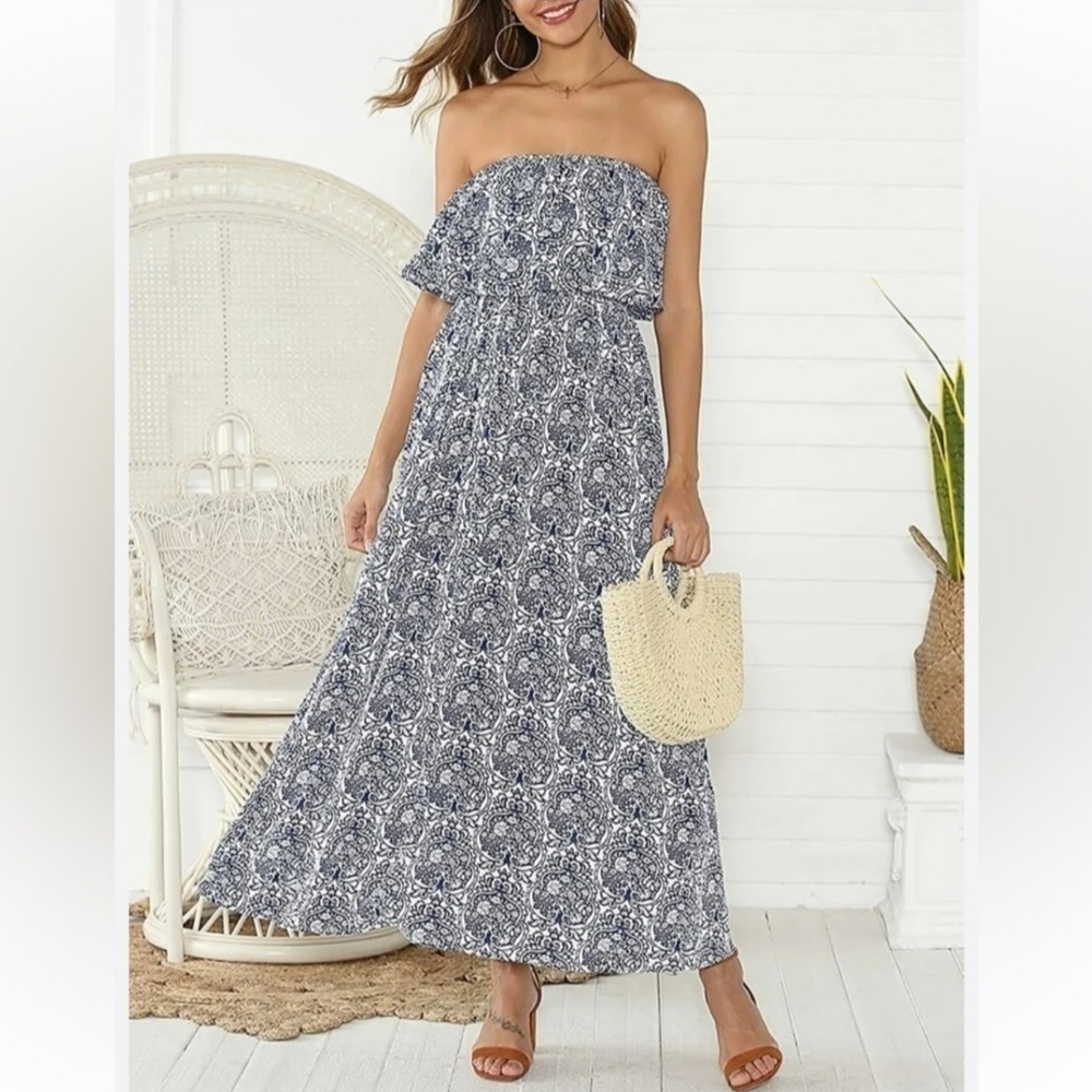 Elegant Blue and White Patterned Maxi Dress